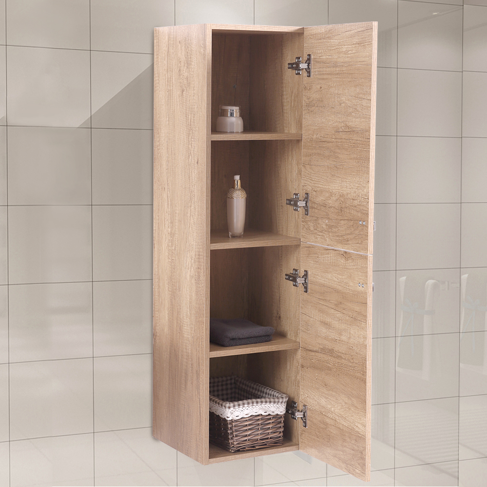 Light Oak Effect 1200mm Tall Cupboard Wall Hung Cabinet Bathroom