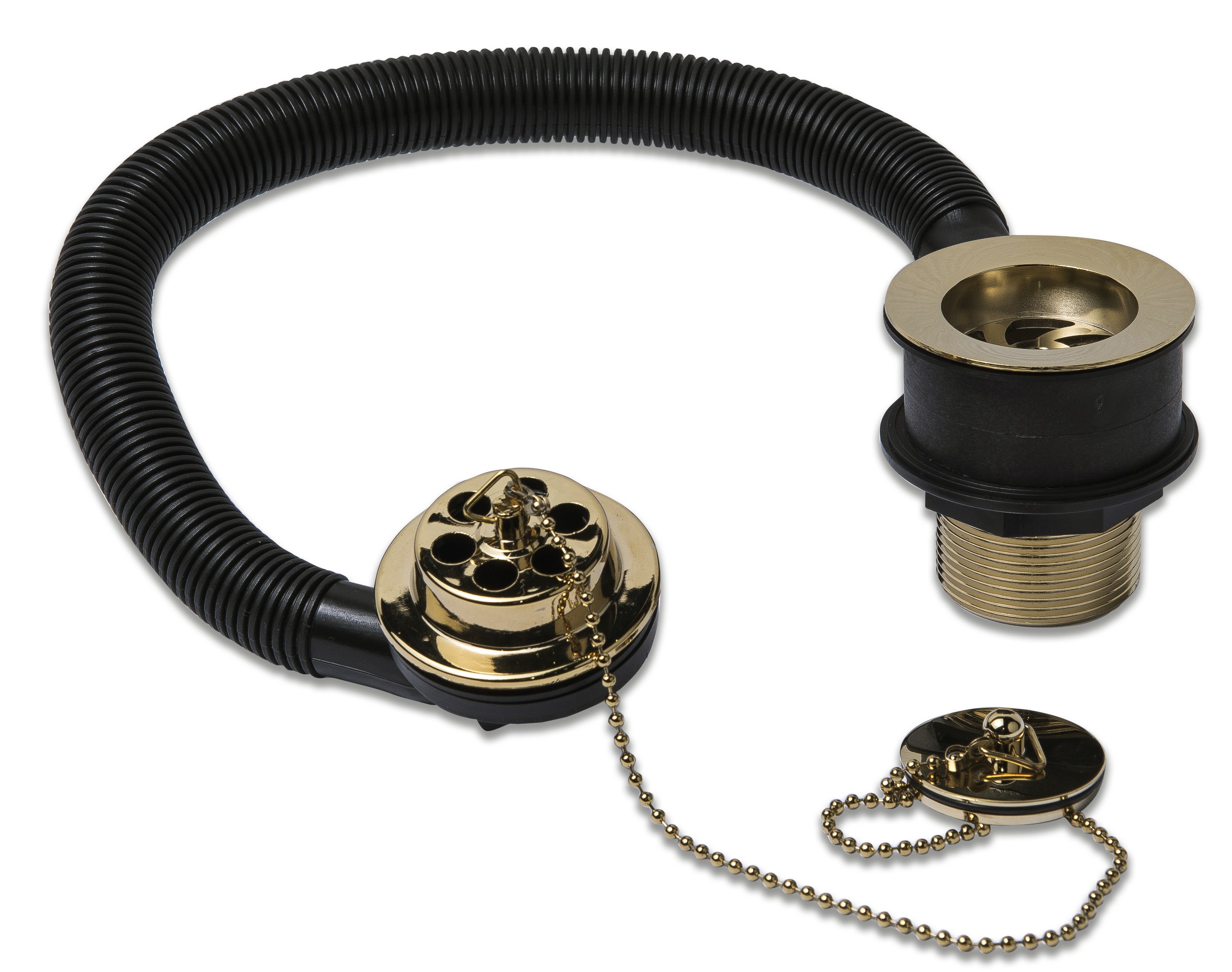 Designer 450mm Brass Bath Waste with Gold Finish Plug and Chain 5 Yr