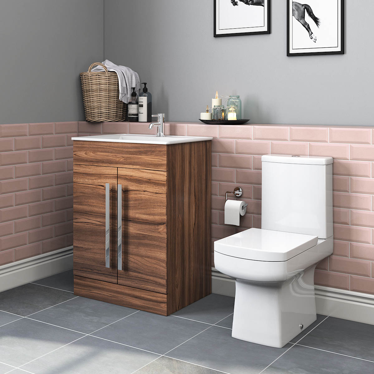 Close Coupled Toilet & Walnut Wall Hung Vanity Unit Cloakroom Suite