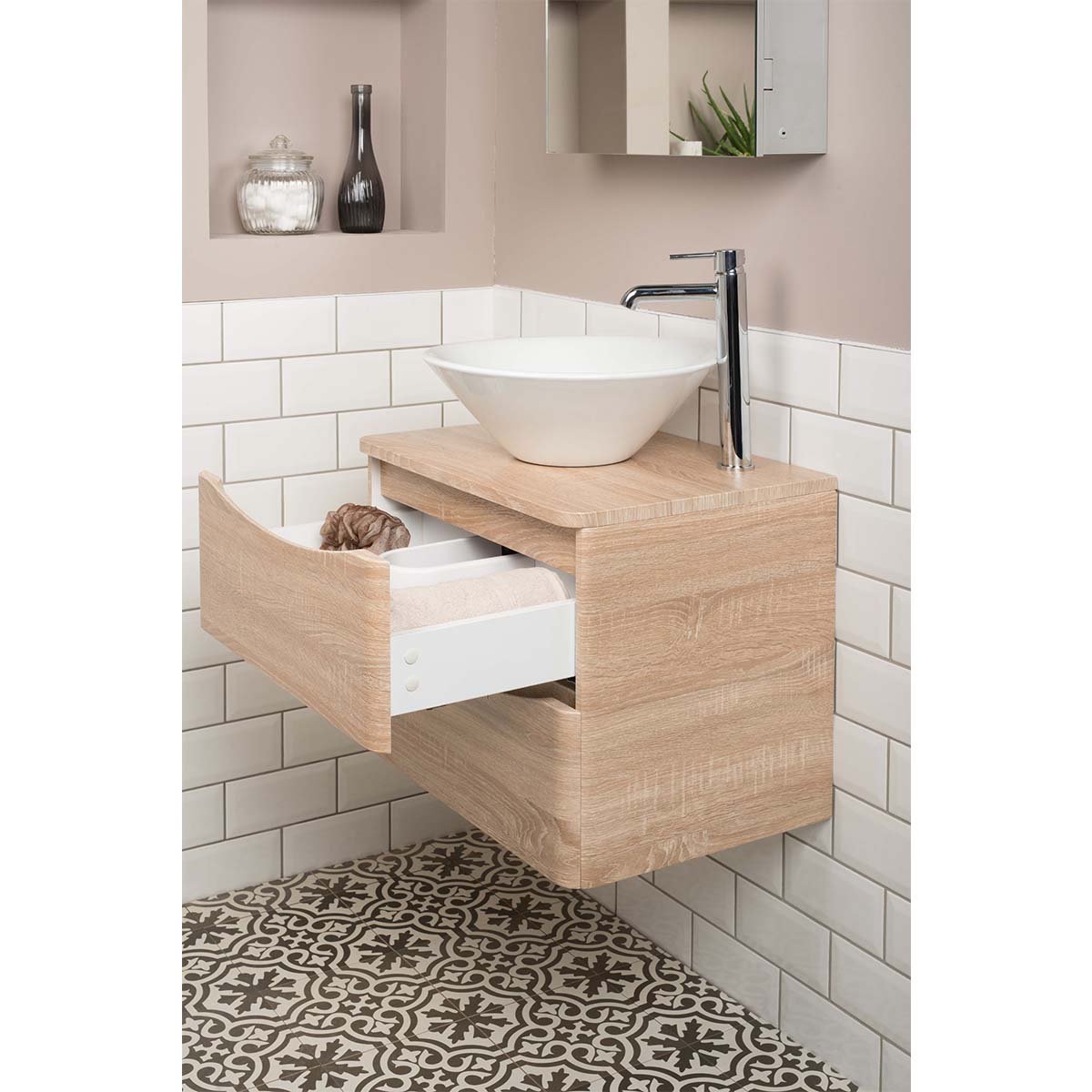 Designer Grey White Oak Bathroom Wall Hung Vanity Unit With Basin